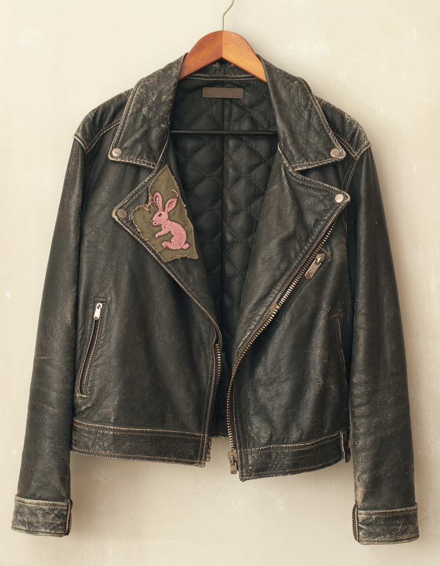 A black leather jacket on a hanger, lining folded open