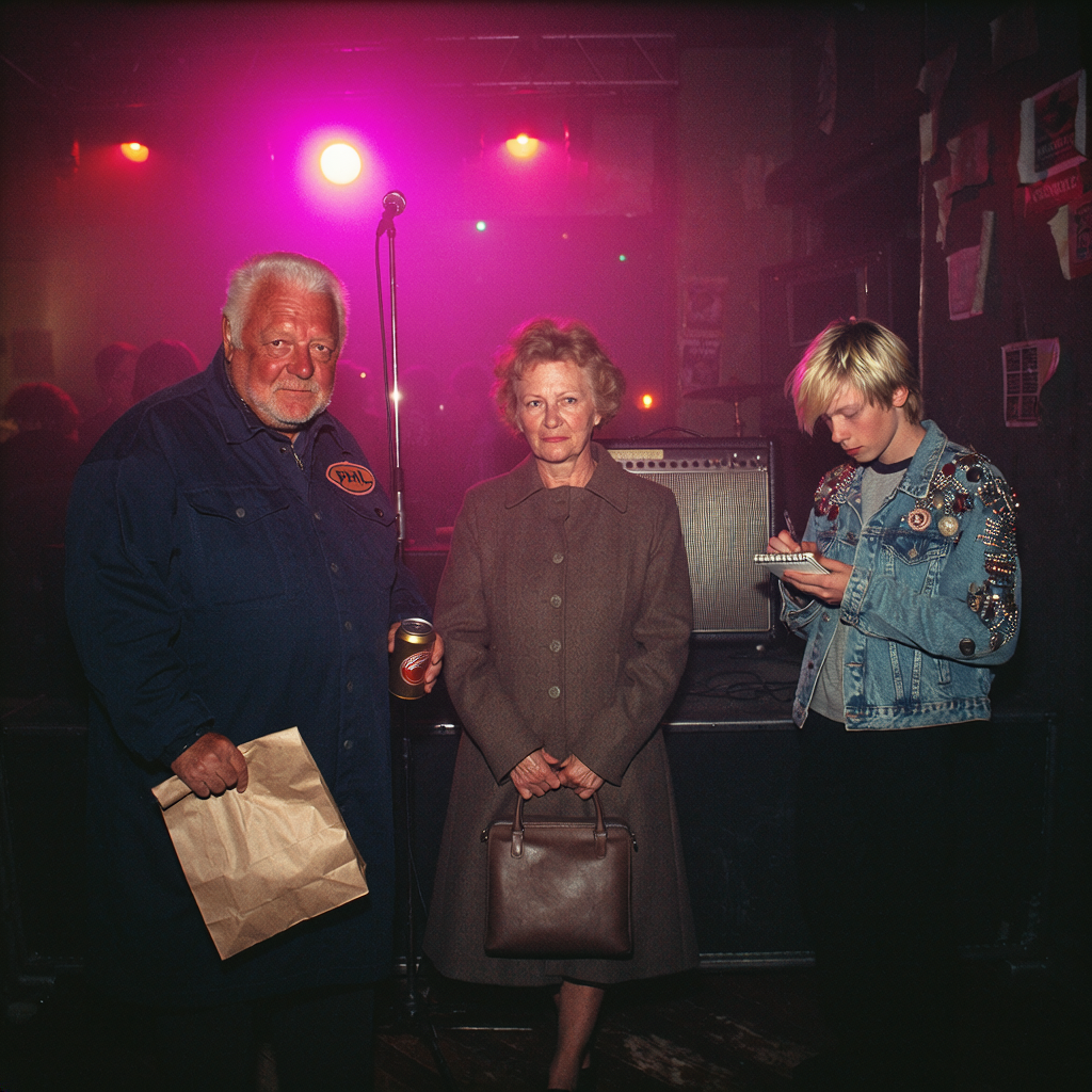 Three regulars by the stage: a man in a work jacket with a lunch sack and a beer, a woman in a buttoned church coat holding her handbag, and a teenage boy writing in a notebook
