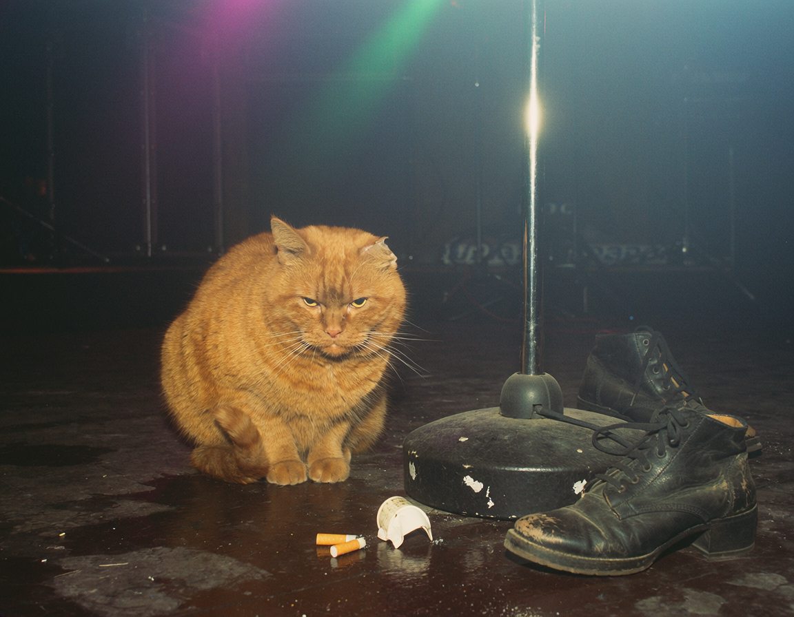 An orange stray cat on a club floor beside a pair of boots